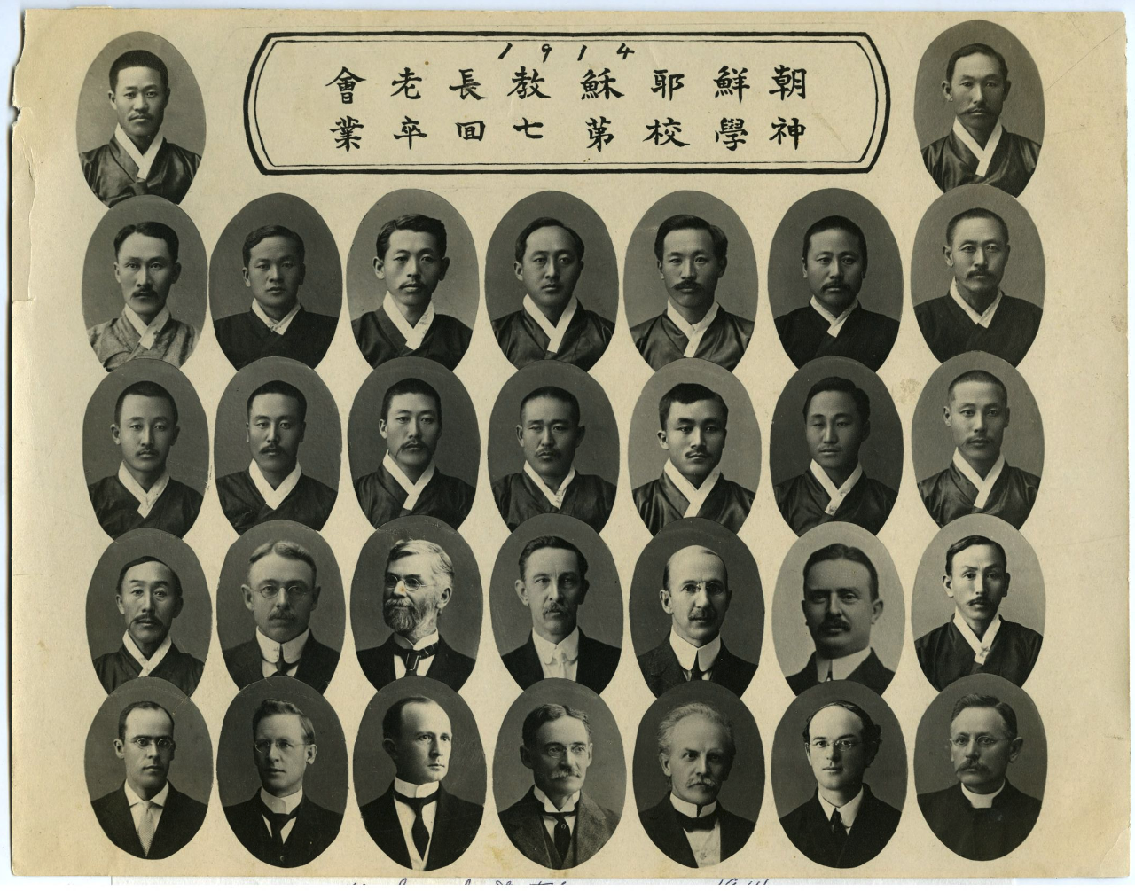 1914년 평양 장로회신학교 졸업반 학생과 교수진(밑에서 둘째줄 좌측에서 5번째 어도만 선교사)