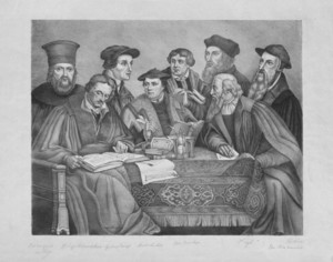 종교개혁의 주역들 
(앞줄 오른쪽부터 존 칼빈, 얀 후스, 마르틴 루터, 필립 멜란히톤)